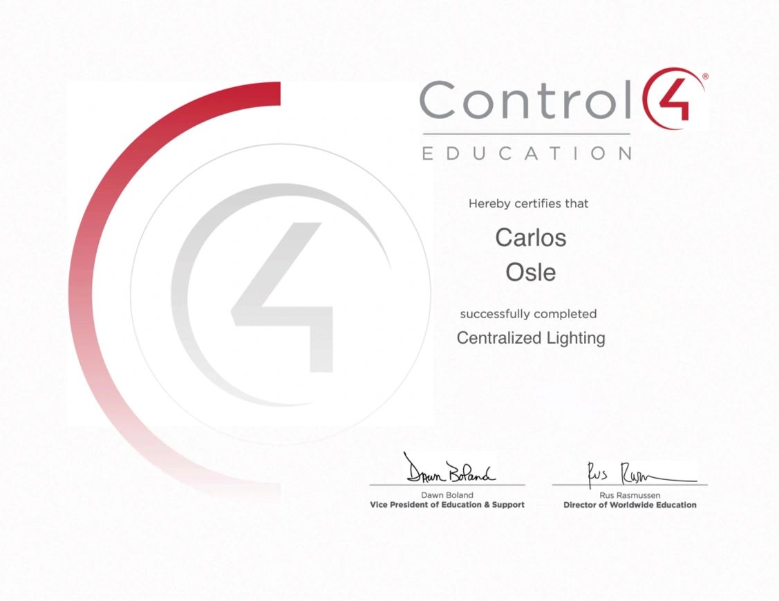 Control4 Education certificate for Carlos Osle.