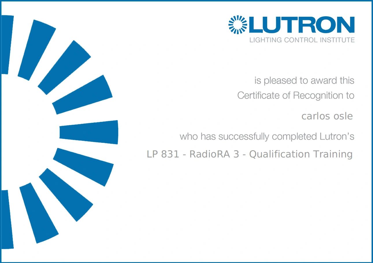 Lutron certificate of recognition for RadioRA 3 qualification training.