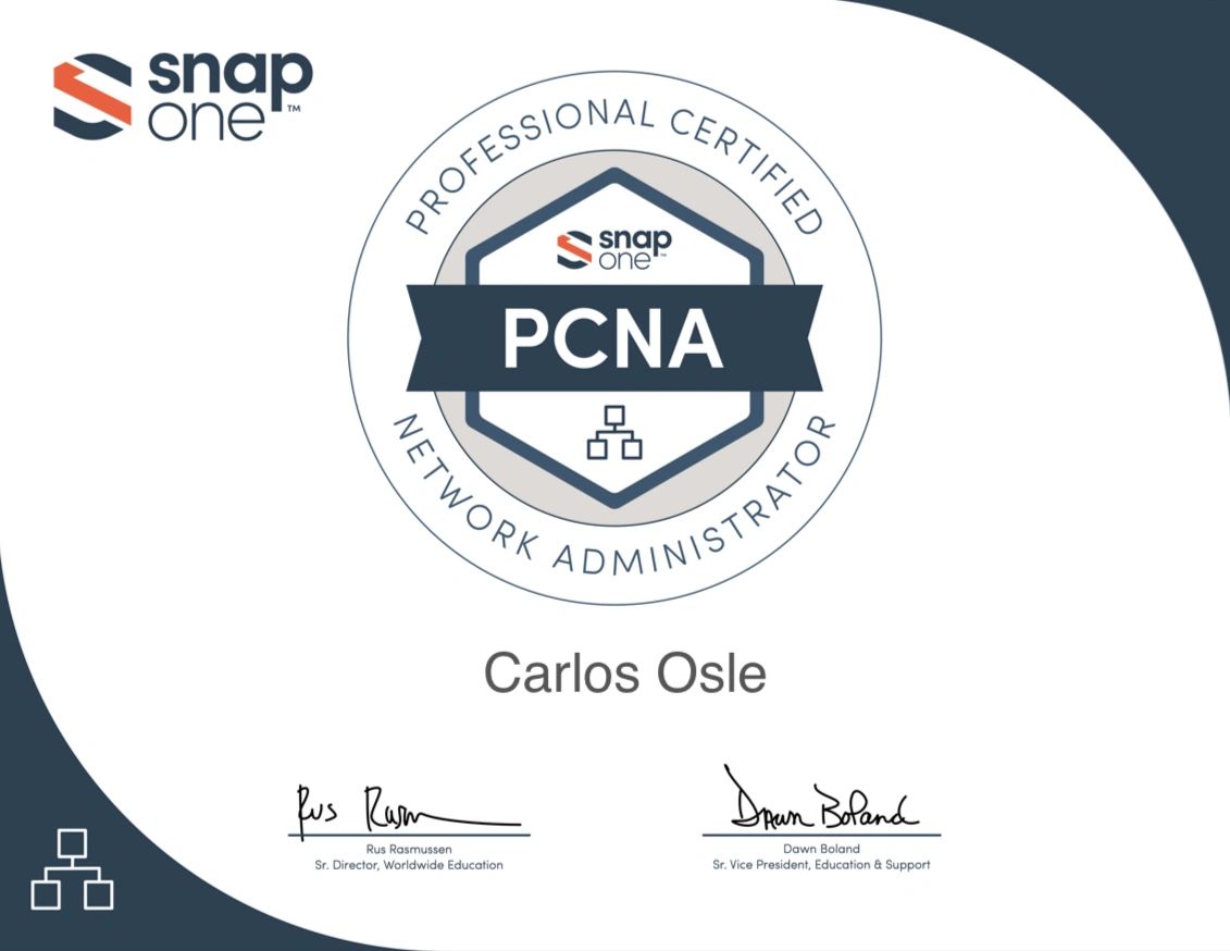 Certification badge for PCNA Network Administrator by Snap One.